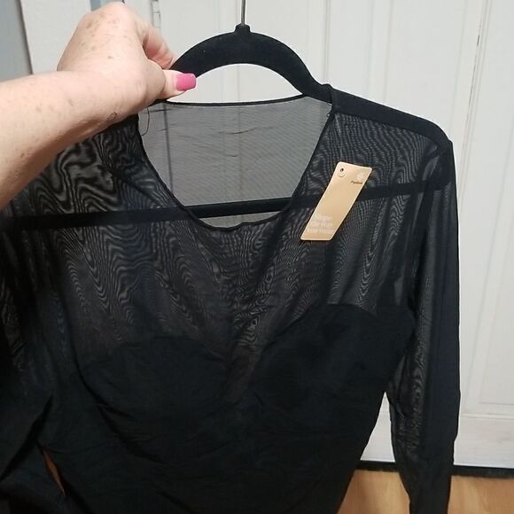 New Popilush Sheer Mesh Shapewear Long Sleeve Thong Bodysuit in Black - Picture 6 of 14
